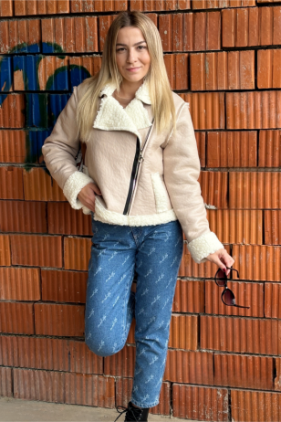 Dámska biker bunda s imitáciou kože a kožušinou cappuccino