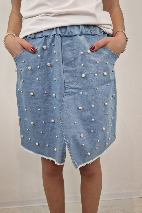 Riflová sukňa s perlami svetlo modrá
